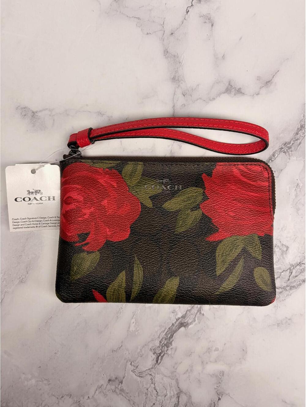Coach Corner Zip Wristlet Floral Brown Red Multi F26291 NWT Zip Pouch